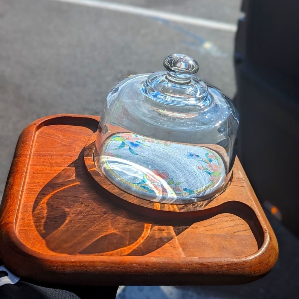 Vintage MCM Teakwood Cheese‎ Board with Glass Dome Cover made in Thailand